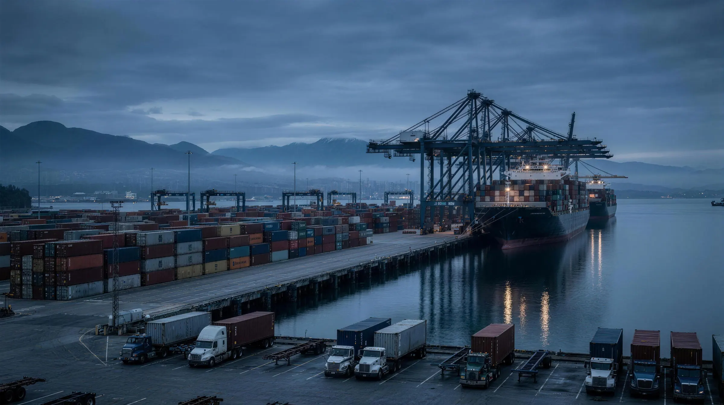 Blue-hour view of a British Columbia container terminal — gantry cranes, stacked containers, and drayage trucks. Illustrative atmosphere.